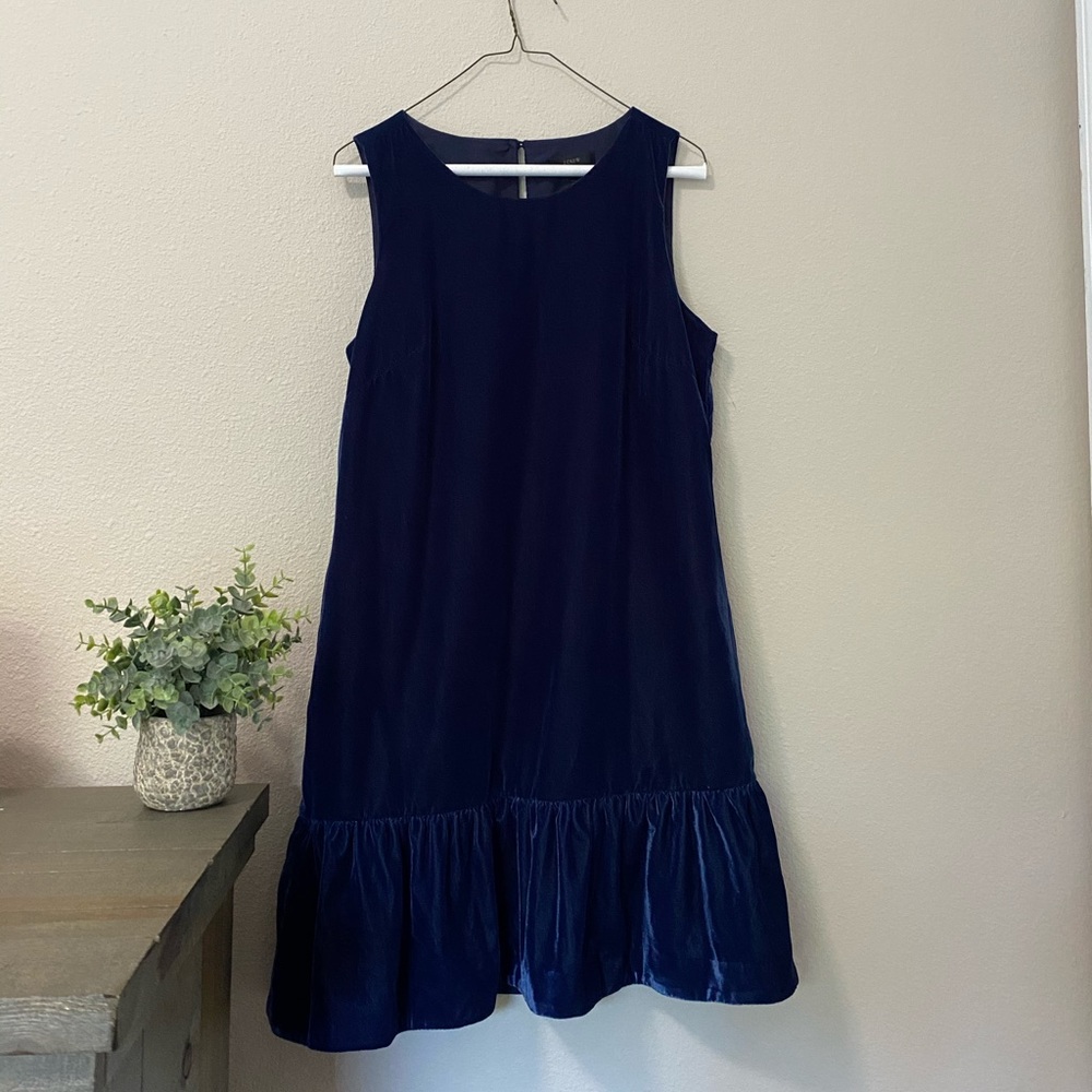 J Crew Blue Velvet Ruffle Hem Dress
